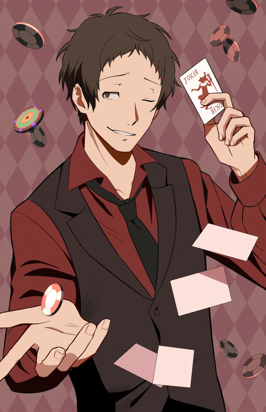 1boy absurdres adachi_tooru black_hair black_necktie black_vest card collared_shirt dress_shirt formal_clothes grey_eyes highres holding holding_card itsumiruka joker_(playing_card) long_sleeves male_focus necktie one_eye_closed persona persona_4 playing_card poker_chip red_shirt shirt smirk upper_body vest