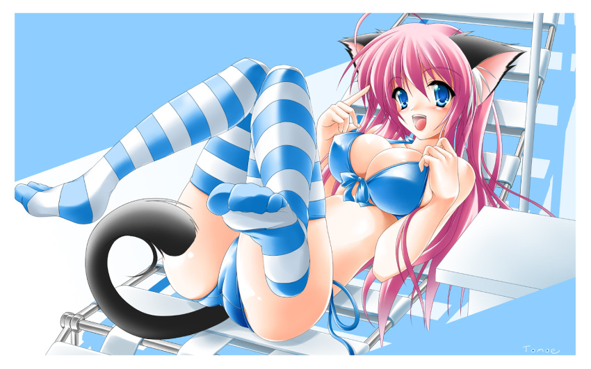 bikini blue_eyes blush cat_ears cat_tail catgirl front-tie_top highres kamiya_tomoe large_breasts legs long_hair lounge_chair open_mouth pink_hair side-tie_bikini striped striped_legwear striped_thigh_highs swimsuit tail thigh_highs thighhighs toe_scrunch toes