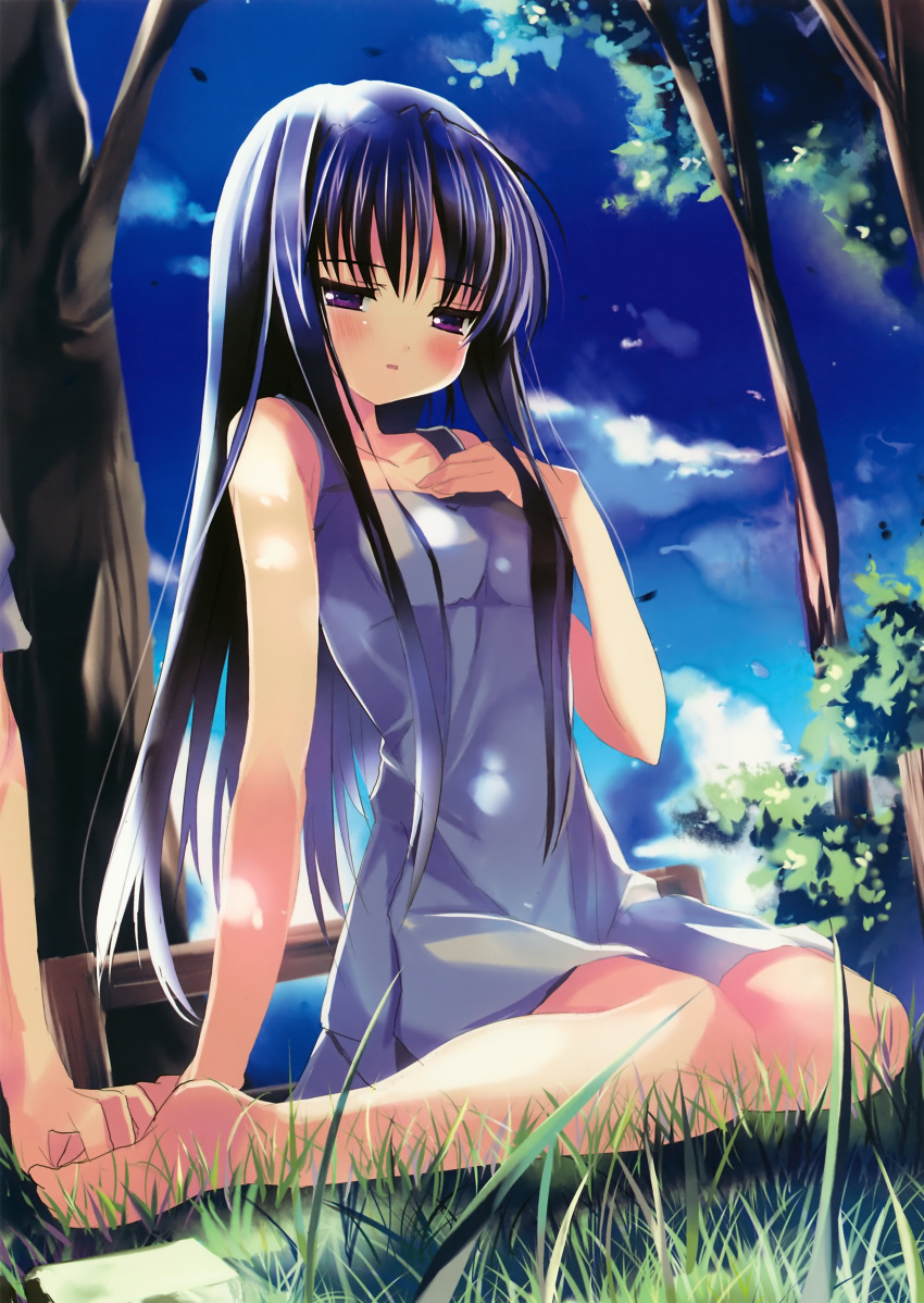 absurdres barefoot black_hair blush cloud dress hand_holding hand_on_own_chest highres holding_hands shino_(eefy) sitting sundress wariza