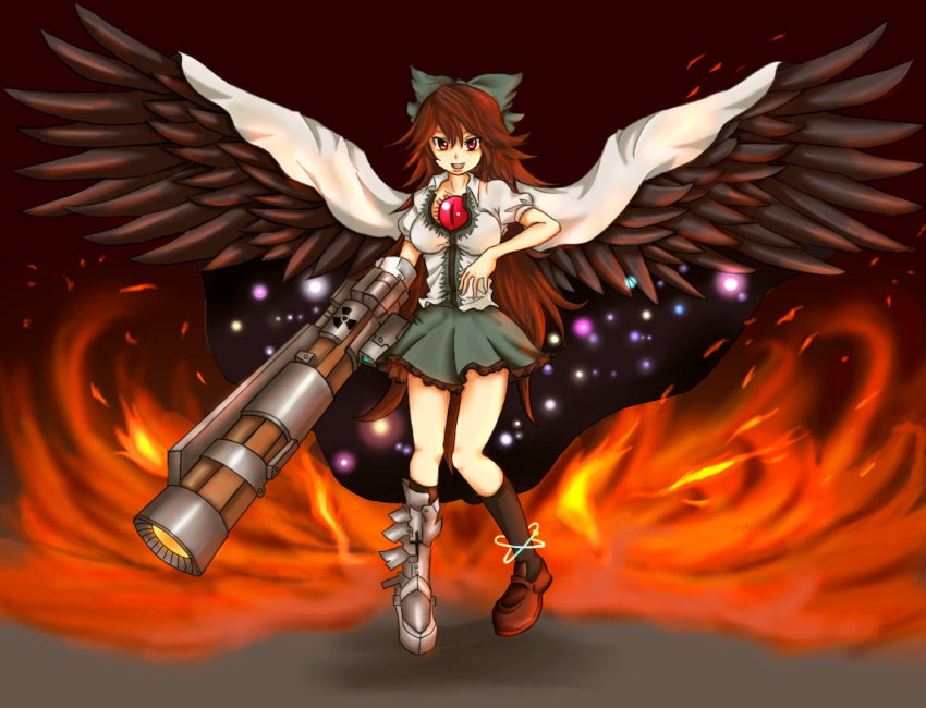 arm_cannon bow brown_hair cape emerane eyes hair_bow long_hair merutoreimu red_eyes reiuji_utsuho touhou weapon wings