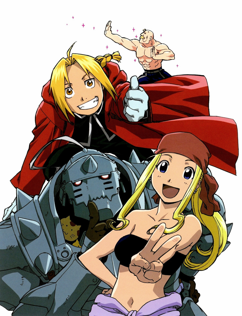 alex_luis_armstrong alphonse_elric armor bandeau blonde_hair blue_eyes cat edward_elric fullmetal_alchemist gloves highres long_hair navel smile tubetop winry_rockbell yellow_eyes