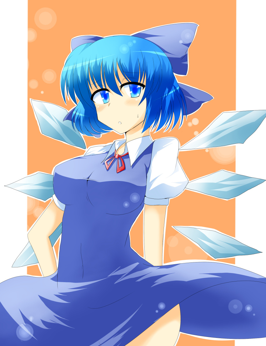absurdres bad_id blue_eyes blue_hair bow breasts cirno dress hair_bow highres large_breasts solo touhou wedge