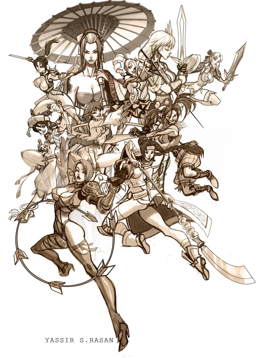 6+girls absurdres amy_sorel arm_blade boots breasts brown cassandra_alexandra chai_xianghua cleavage drill_hair fighting_stance halberd harem_pants hat high_heels highres isabella_valentine large_breasts monochrome multiple_girls oriental_umbrella polearm ponytail see-through seeso2d seong_mi-na setsuka shield shoes short_sword short_twintails sophitia_alexandra soul_calibur soulcalibur soulcalibur_ii soulcalibur_iii soulcalibur_iv sword taki talim tattoo thigh_boots thighhighs tira tonfa twin_drills twintails umbrella weapon whip whip_sword