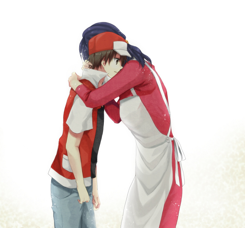 baseball_cap black_eyes black_hair blue_hair hat highres hug jacket jeans mother_(pokemon) mother_and_son nintendo okra_boom pokemon pokemon_(game) red_(pokemon)