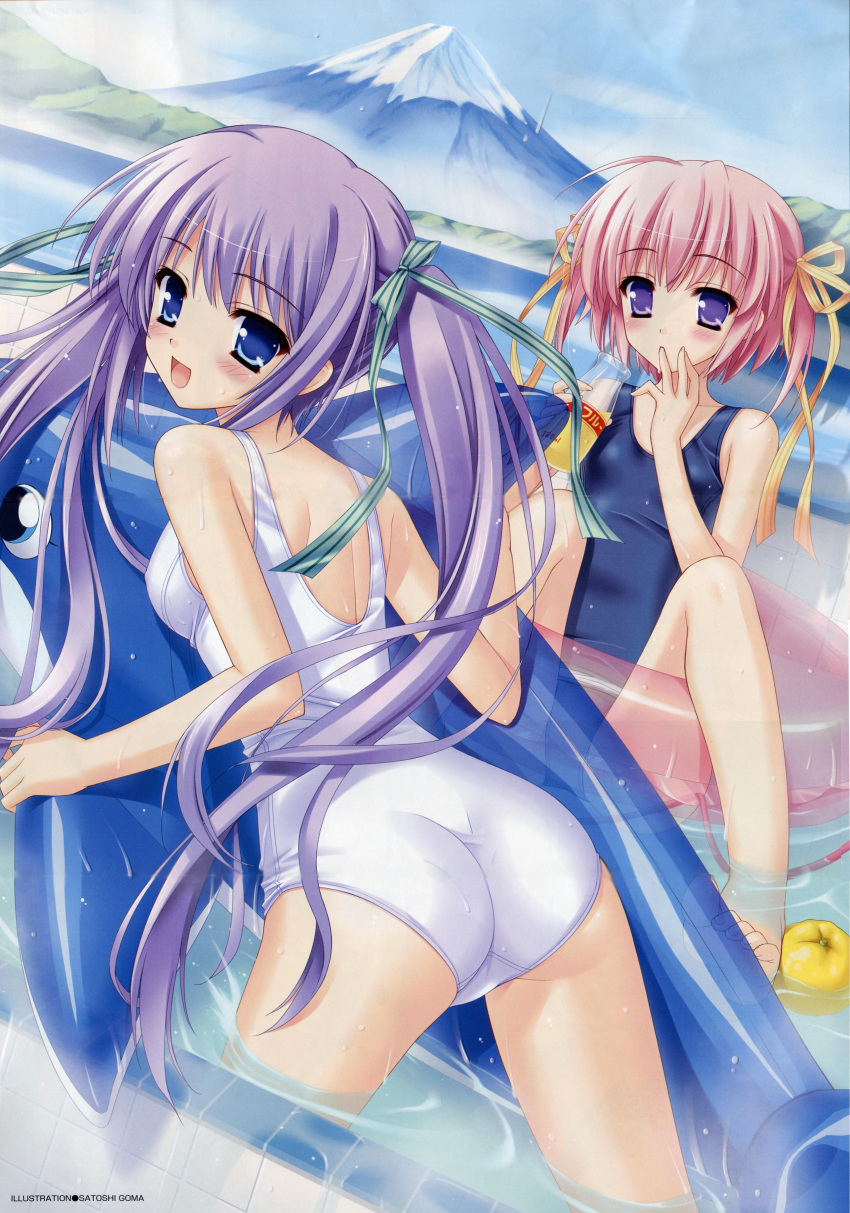 absurdres ass blue_eyes goma_satoshi highres long_hair multiple_girls one-piece_swimsuit pink_hair purple_eyes purple_hair ribbon school_swimsuit short_hair swimsuit twintails very_long_hair violet_eyes water