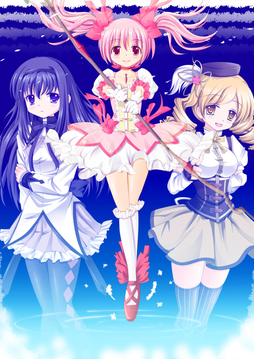 3girls absurdres akemi_homura blonde_hair blush bow_(weapon) breasts cokua drill_hair hat highres holding_arm kaname_madoka long_hair looking_at_viewer magical_girl mahou_shoujo_madoka_magica multiple_girls open_mouth pantyhose pink_eyes pink_hair skirt smile striped striped_legwear thighhighs tomoe_mami twintails violet_eyes weapon yellow_eyes