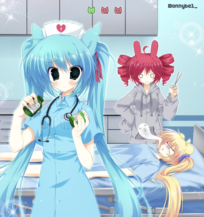 2000s_(style) 3girls ahoge akita_neru animal_ears animal_hospital_(roblox) bear_girl blonde_hair blue_hair cat_girl commentary confused death drill_hair english_commentary ghost grey_hoodie hat hatsune_miku highres holding holding_scissors hood hoodie hospital_gown indoors jelly_(bonnybel) kasane_teto long_hair multiple_girls nurse nurse_cap o_o pill_bottle rabbit_ears rabbit_girl red_hair roblox scissors side_ponytail stethoscope_around_neck triple_baka_(group) twin_drills utau vocaloid
