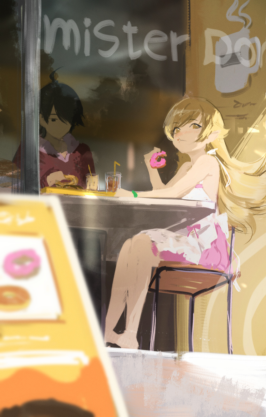 1boy 1girl absurdres araragi_koyomi black_eyes black_hair chair commentary cup doughnut dress drinking_straw eating english_commentary food glasses highres long_hair looking_at_viewer monogatari_(series) on_chair oshino_shinobu pointy_ears resonine short_hair very_long_hair white_dress yellow_eyes