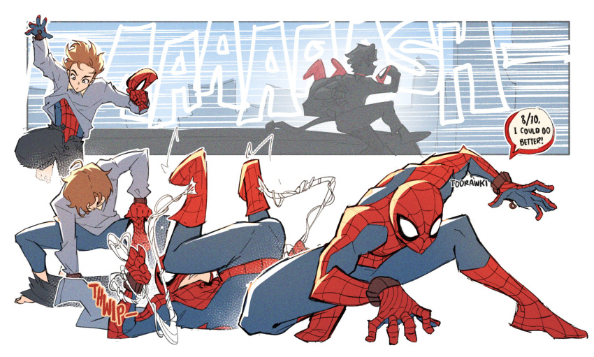 1boy animal_print bodysuit brown_eyes brown_hair city collared_shirt commentary dynamic_pose english_commentary english_text falling feet full_body gloves highres inset_border long_sleeves lying marvel mask multicolored_bodysuit multiple_views on_back on_train pants peter_parker print_bodysuit red_bodysuit shirt short_hair silk sitting speech_bubble spider-man spider-man:_brand_new_day spider-man_(series) spider_print spider_web spider_web_print squatting standing standing_on_one_leg superhero_costume train transformation transforming_clothes two-tone_bodysuit very_short_hair watch watch white_background wokiiarts