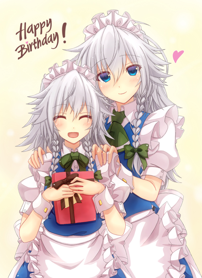2girls apron ascot blue_eyes bow braid closed_eyes dual_persona hair_bow hands_on_another's_shoulders happy_birthday heart highres izayoi_sakuya maid_headdress mickey_dunn multiple_girls open_mouth puffy_short_sleeves puffy_sleeves short_sleeves silver_hair smile touhou twin_braids wrist_cuffs