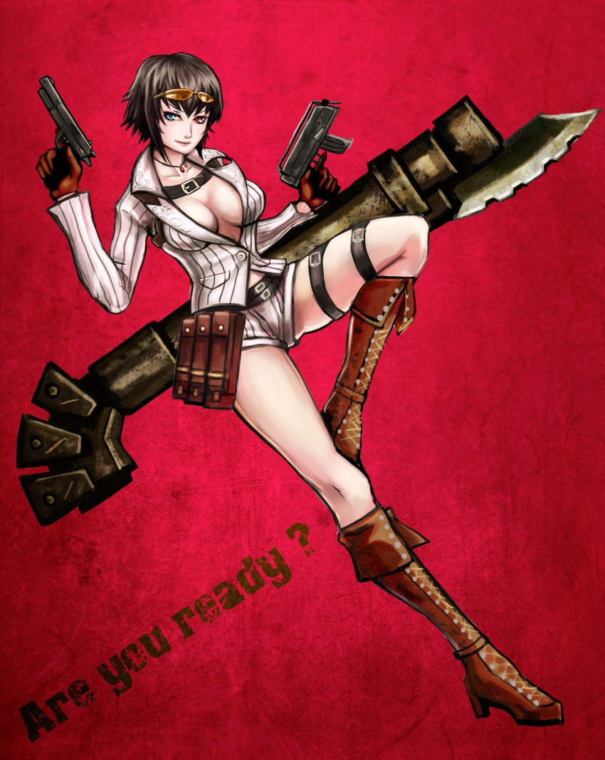 1girl bazooka black_hair blue_eyes boots breasts cross-laced_footwear devil_may_cry gloves gun gunblade heterochromia high_heel_boots highres huge_weapon jewelry knee_boots lace-up_boots lady lips no_bra pendant pistol pottsu pouches red_eyes short_hair short_shorts shorts smile submachine_gun sunglasses sunglasses_on_head thigh_strap trigger_discipline weapon