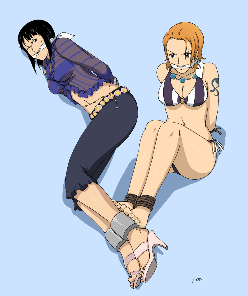 2girls arms_behind_back bdsm bikini black_hair blue_background blue_nails bondage bound_ankles bound_wrists breasts brown_eyes cleavage cleave_gag frills gag high_heels highres jewelry long_sleeves lost1zero lying midriff multiple_girls nail_polish nami navel necklace nico_robin on_side one_piece one_piece:_strong_world orange_hair rope shackle shadow side-tie_bikini signature sitting striped striped_bikini striped_swimsuit sweat swimsuit tattoo wince
