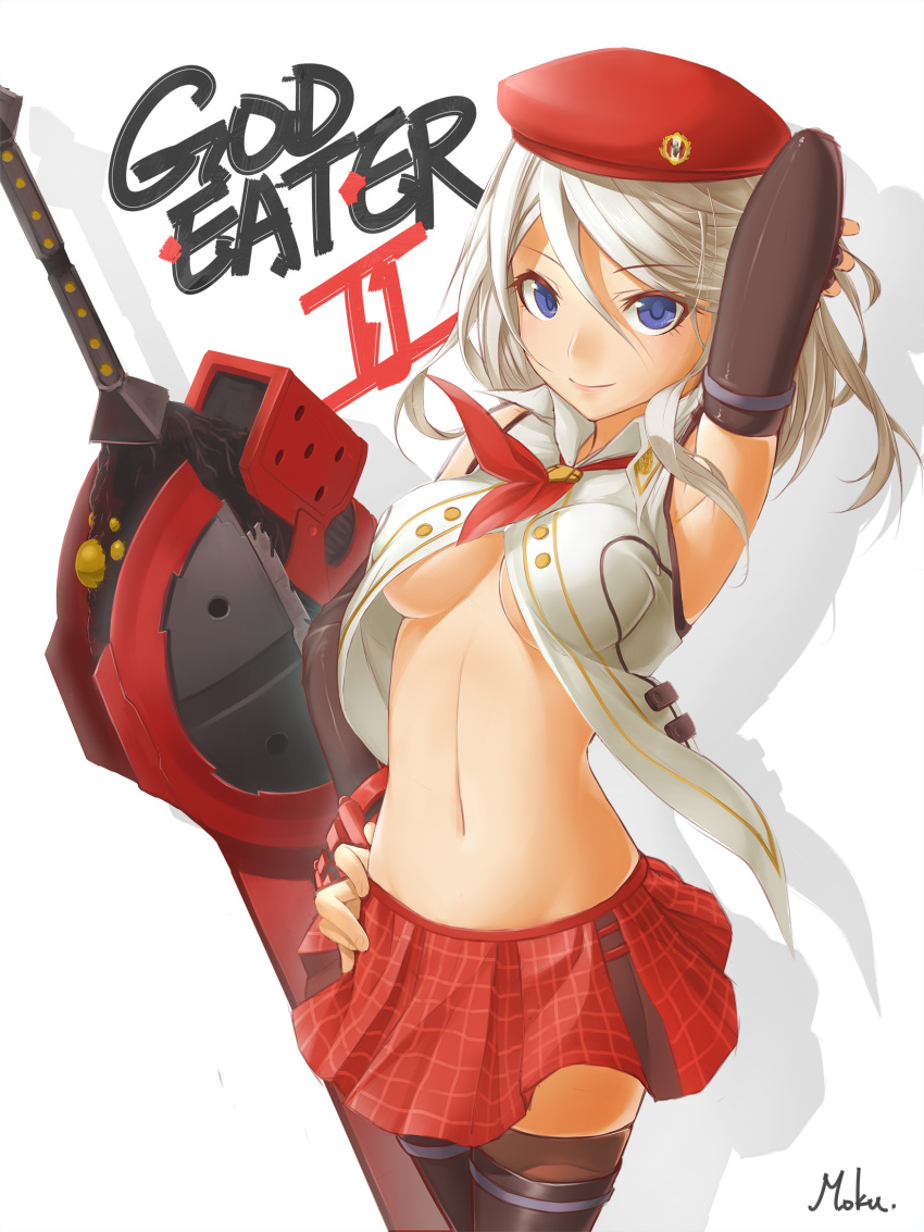 1girl adjusting_hair alisa_ilinichina_amiella armpits beret black_gloves blue_eyes boots breasts copyright_name elbow_gloves fingerless_gloves gloves god_eater god_eater_2 hand_on_hip hat highres huge_weapon long_hair looking_at_viewer moku navel neko7 open_clothes open_shirt shadow signature silver_hair smile solo sword thigh_boots thighhighs weapon
