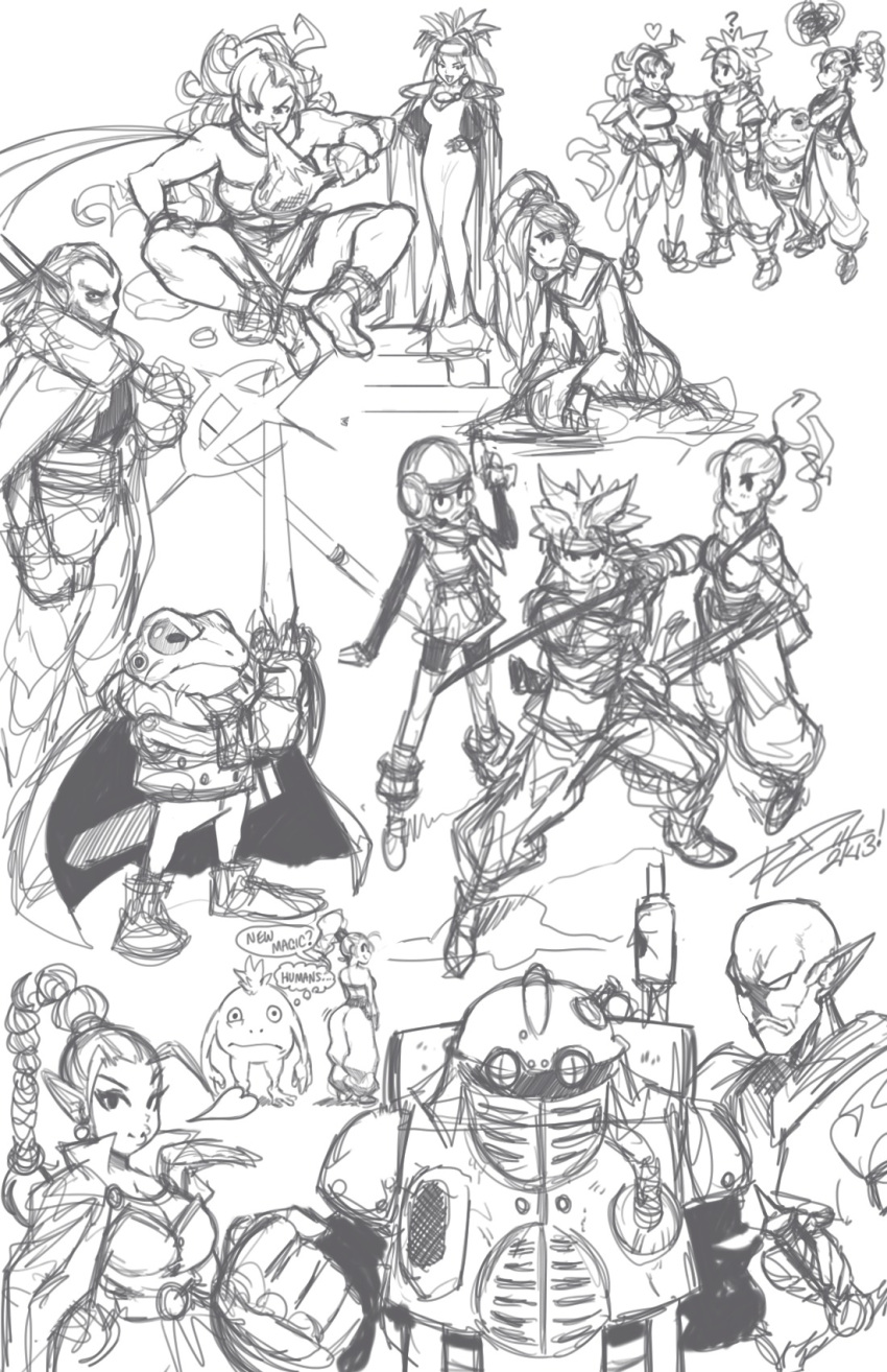 ayla boned_meat chrono_trigger collage crono everyone fighting_stance flea food highres kaeru_(chrono_trigger) lucca_ashtear magus marle meat monochrome nu queen_zeal robert_porter robo schala_zeal sketch tagme