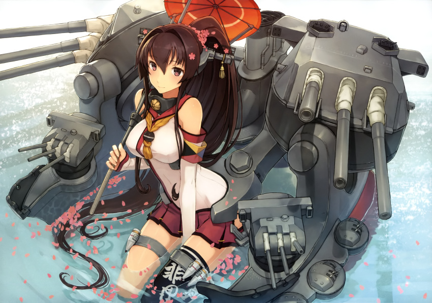 absurdres black_legwear breasts brown_eyes brown_hair cannon cherry_blossoms detached_sleeves flower hair_flower hair_intakes hair_ornament highres kantai_collection large_breasts light_smile long_hair oriental_umbrella partially_submerged petals pleated_skirt ponytail sailor_collar seiza shizuma_yoshinori single_thighhigh sitting skirt thigh_strap thighhighs turret umbrella very_long_hair yamato_(kantai_collection)