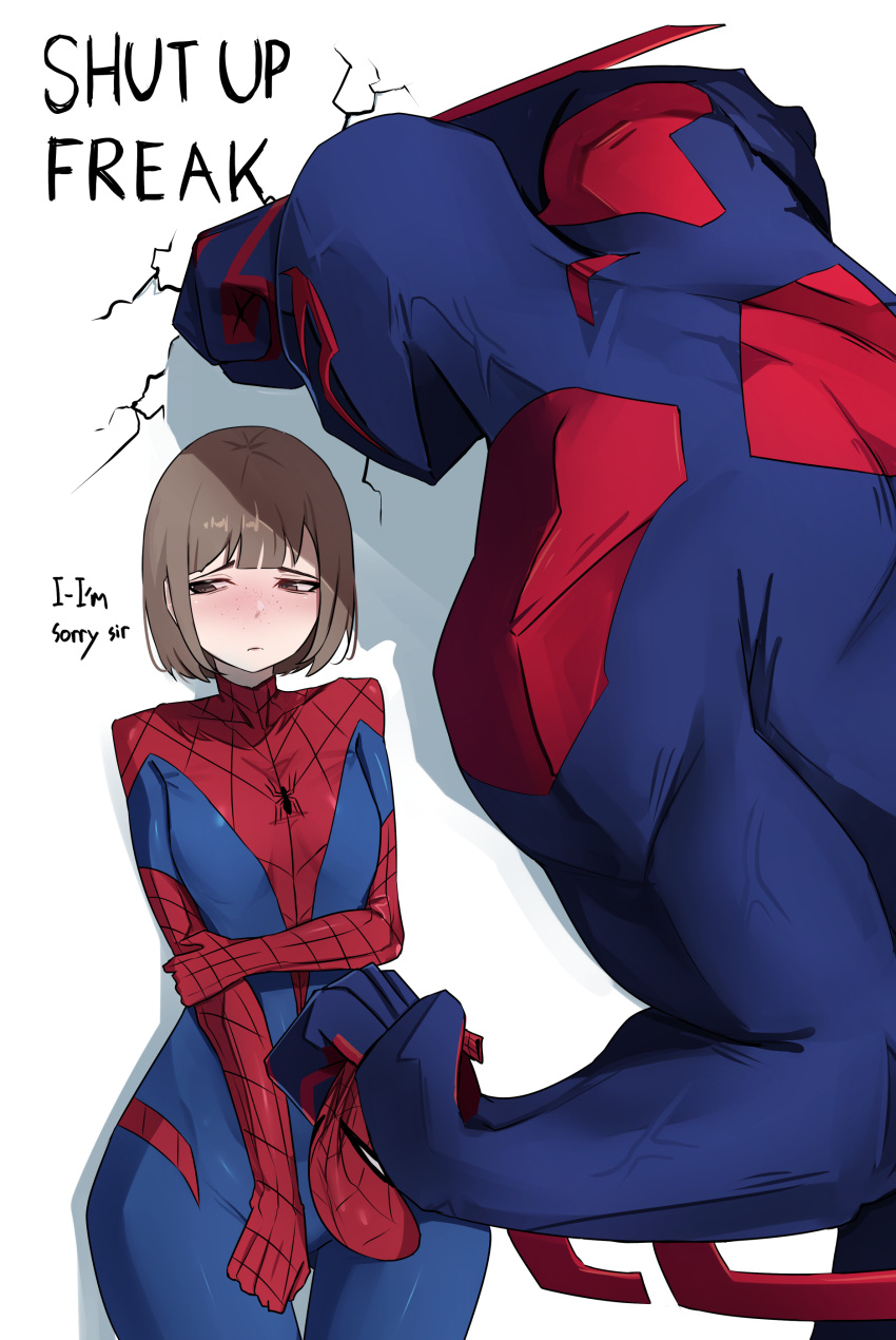 1boy 1girl absurdres against_wall blue_bodysuit bodysuit broken_wall brown_eyes brown_hair closed_mouth commentary_request english_text freckles genderswap genderswap_(mtf) hidden-nickx highres holding holding_mask long_sleeves looking_to_the_side marvel mask multicolored_bodysuit peter_parker red_bodysuit short_hair simple_background spider-man spider-man_(2099) spider-man_(original_suit) spider-man_(series) superhero_costume two-tone_bodysuit white_background