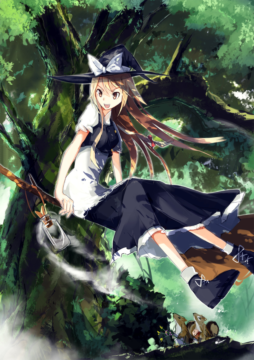 1girl apron black_dress blonde_hair bow broom broom_riding brown_eyes dress flying forest hat hat_bow highres kirisame_marisa lantern long_hair nature open_mouth puffy_sleeves shirt short_sleeves smile solo squirrel tetsurou_(fe+) touhou witch_hat