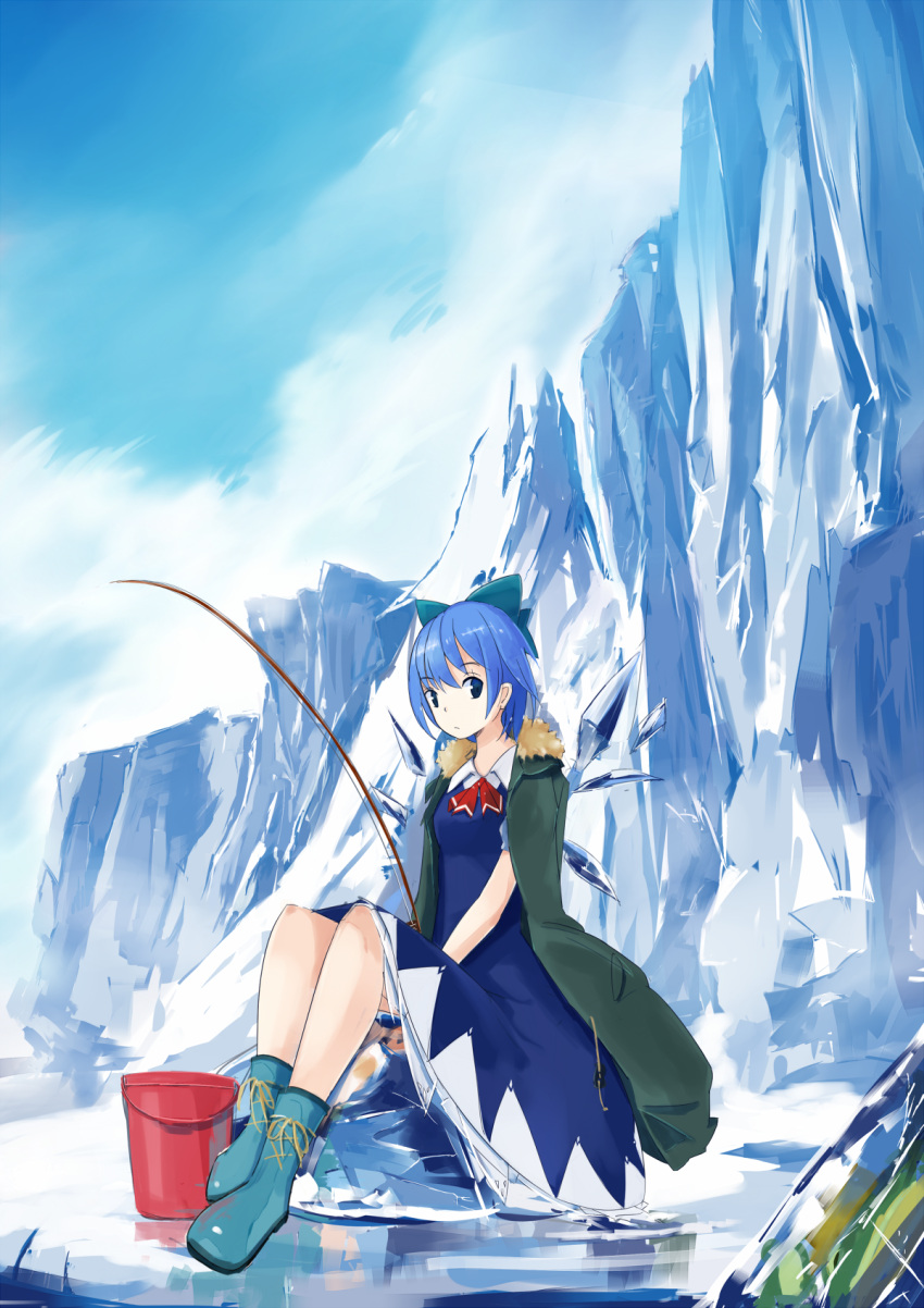 1girl blue_dress blue_eyes blue_hair blue_sky boots bow bucket cirno dress fishing_rod hair_bow highres ice ice_block ice_fishing ice_wings looking_at_viewer open_clothes open_coat sitting sky solo tetsurou_(fe+) touhou wings