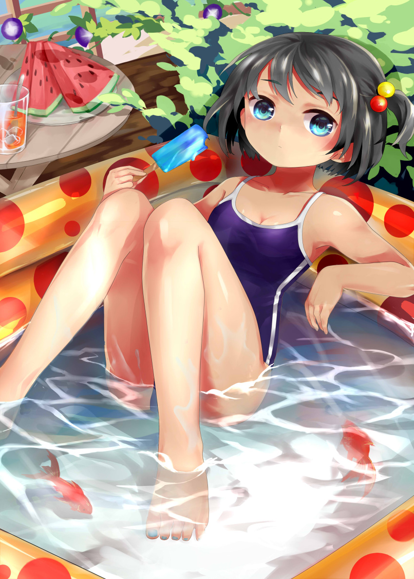 1girl absurdres black_hair blue_eyes drink fish food fruit goldfish highres one-piece_swimsuit original popsicle school_swimsuit short_hair swimsuit table wading_pool watermelon yumao