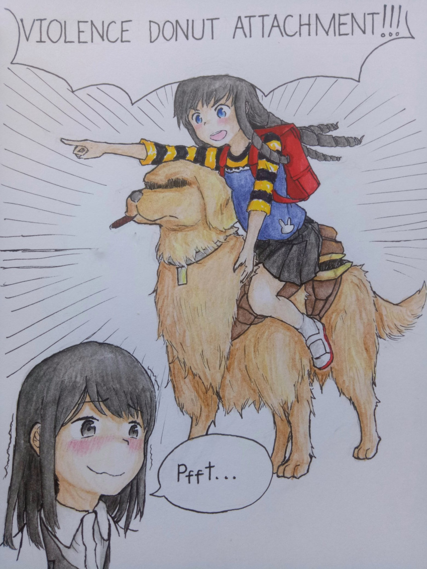 ! !! ... 2girls :d aged_down ankle_socks anti-art_attachment backpack bag black_hair black_skirt black_sleeves blue_eyes blush child cigar closed_mouth collared_shirt commentary dog emphasis_lines english_commentary english_text full_body golden_retriever graphite_(medium) grey_eyes highres kihara_noukan kihara_yuiitsu kumokawa_maria light_blush long_hair long_sidelocks medium_hair miniskirt multiple_girls open_mouth orange_sleeves outstretched_arm pleated_skirt pointing randoseru red_bag riding riding_animal ringlets shaded_face shirt shoes sidelocks sitting skirt smile socks speech_bubble standing striped_sleeves talking tatararashi three-quarter_sleeves toaru_majutsu_no_index toaru_majutsu_no_index:_new_testament traditional_media trembling two-tone_sleeves unconventional_steed v-shaped_eyebrows white_background white_shirt white_shoes white_socks