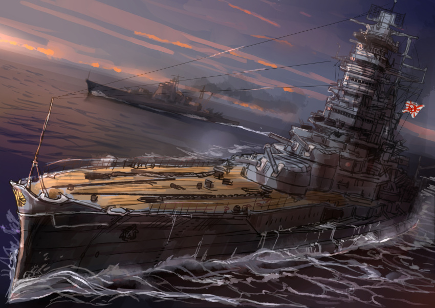 absurdres akasaai battleship dusk dutch_angle highres imperial_japanese_navy kongou_(battleship) no_humans ocean rising_sun smoke sunset turret water
