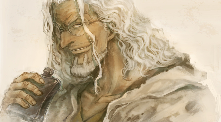 1boy beard black_eyes drinking facial_hair glasses grey_hair happy long_hair looking_at_viewer nobu10 one_piece shirt silvers_rayleigh smile solo torn_clothes wrinkled_skin wrinkles