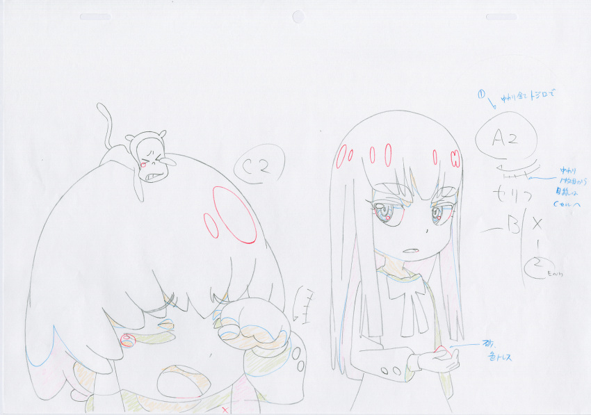 2girls buttons commentary dress highres jakuzure_nonon key_frame kill_la_kill kiryuuin_satsuki monkey multiple_girls official_art partially_colored production_art production_note promotional_art ribbon rubbing_eyes sand simple_background sketch trigger_(company) white_background younger