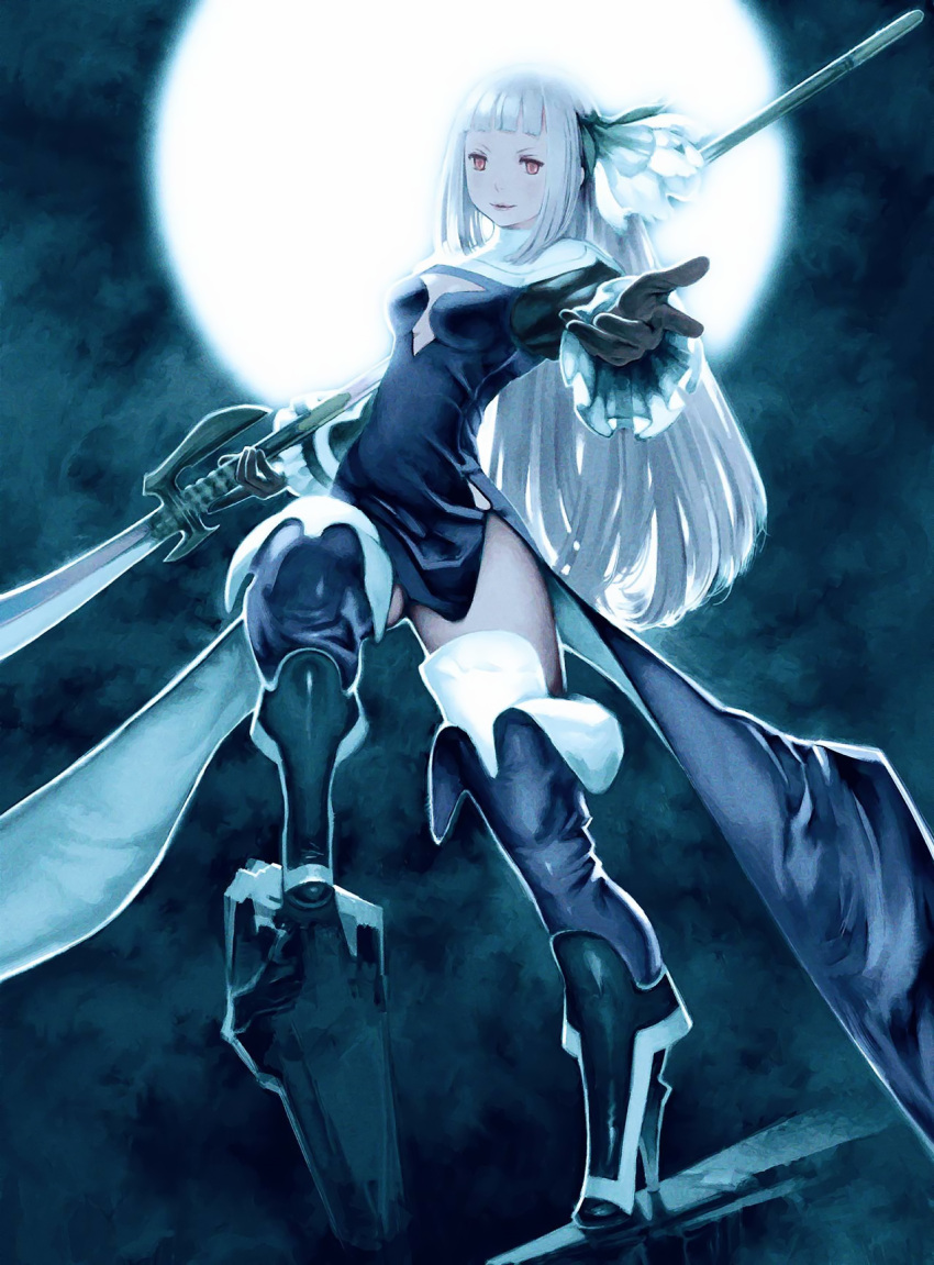 1girl bangs black_gloves black_legwear blunt_bangs boots bravely_second cleavage_cutout dress flower full_moon gloves hair_flower hair_ornament high_heel_boots highres leg_up lips long_hair magnolia_arch moon naginata night outstretched_hand polearm side_slit smile solo thigh-highs thigh_boots weapon white_hair yellow_eyes yoshida_akihiko