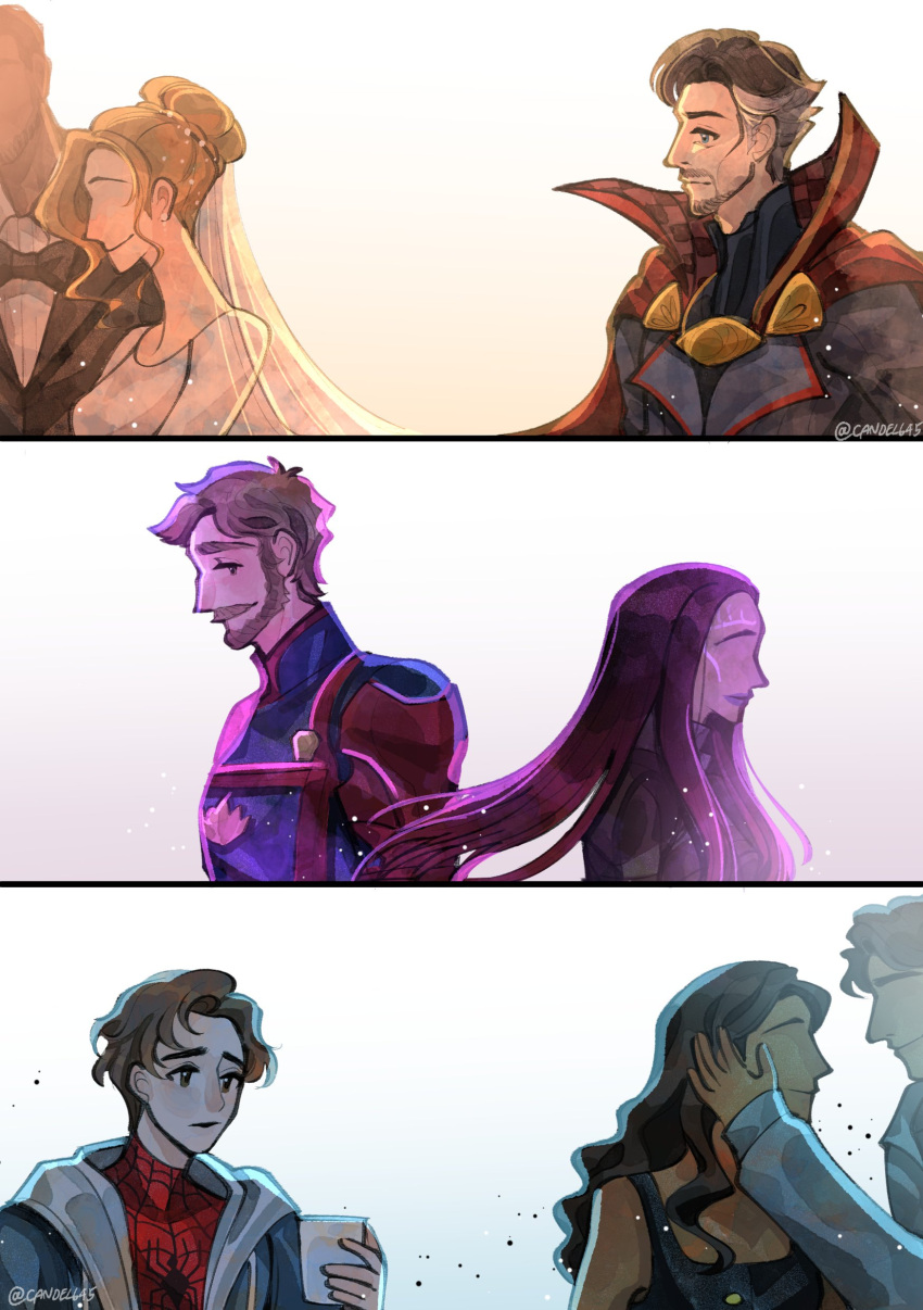 absurdres beard bodysuit brown_hair candel645 character_request cup doctor_strange facial_hair guardians_of_the_galaxy hair_bun highres holding holding_cup long_hair marvel peter_parker smile spider-man spider-man:_brand_new_day spider-man_(original_suit) spider-man_(series) superhero_costume tuxedo twitter_username veil