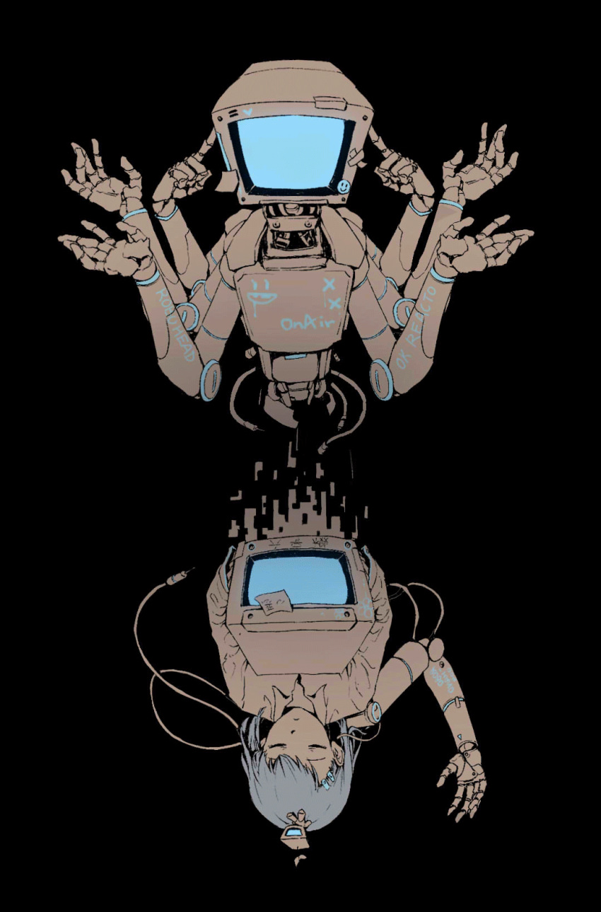 1girl 1other animated animated_gif black_background blue_hair cable closed_eyes collared_shirt cytus cytus_ii echo_(vocaloid) english_commentary extra_arms hair_ornament hairclip highres holding_monitor humanoid_robot joints monitor_head monochrome nora_(cytus) robo_head_(cytus) robot robot_joints saipute screen_light shirt short_hair simple_background spot_color upside-down
