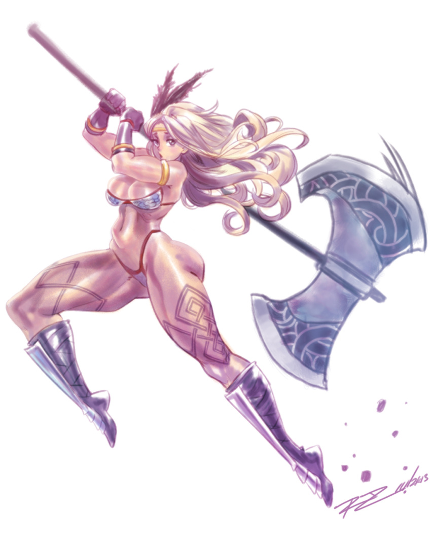 1girl amazon_(dragon's_crown) armlet armor bikini bikini_armor black_gloves blue_eyes boots breasts circlet cleavage dragon's_crown feathers gloves greaves hair_feathers halberd highleg highleg_bikini highleg_swimsuit highres huge_weapon knee_boots long_hair muscle over_shoulder polearm robert_porter solo swimsuit tattoo thick_thighs thighs weapon weapon_over_shoulder