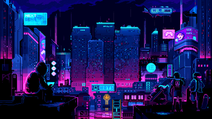 air_conditioner animated animated_gif computer controller cyberpunk flying_car highres jacket neon_lights pixel_art pixel_jeff republic_of_gamers robot sitting skateboard standing