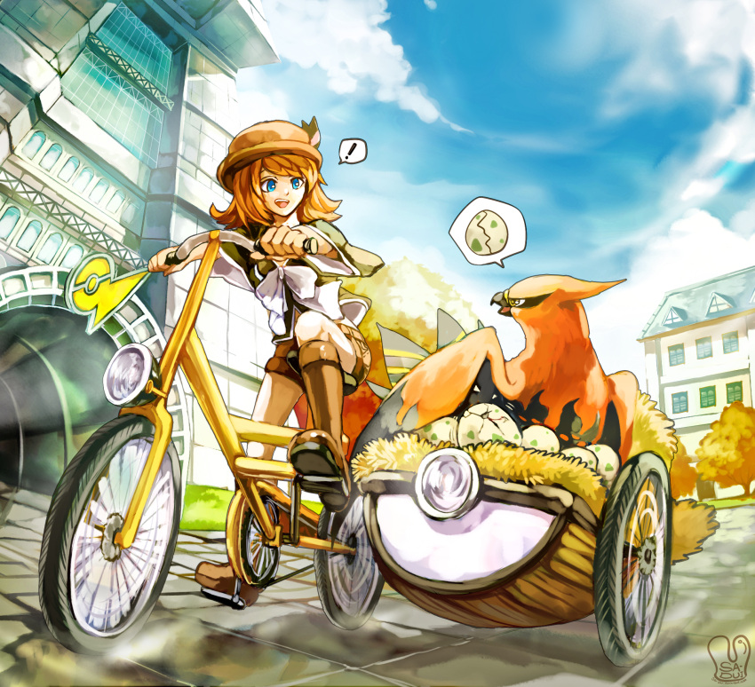! 1girl bicycle blue_eyes boots brown_hair egg hat highres knee_boots pokemon pokemon_(creature) pokemon_(game) pokemon_breeder_(pokemon) sa-dui short_hair sidecar talonflame