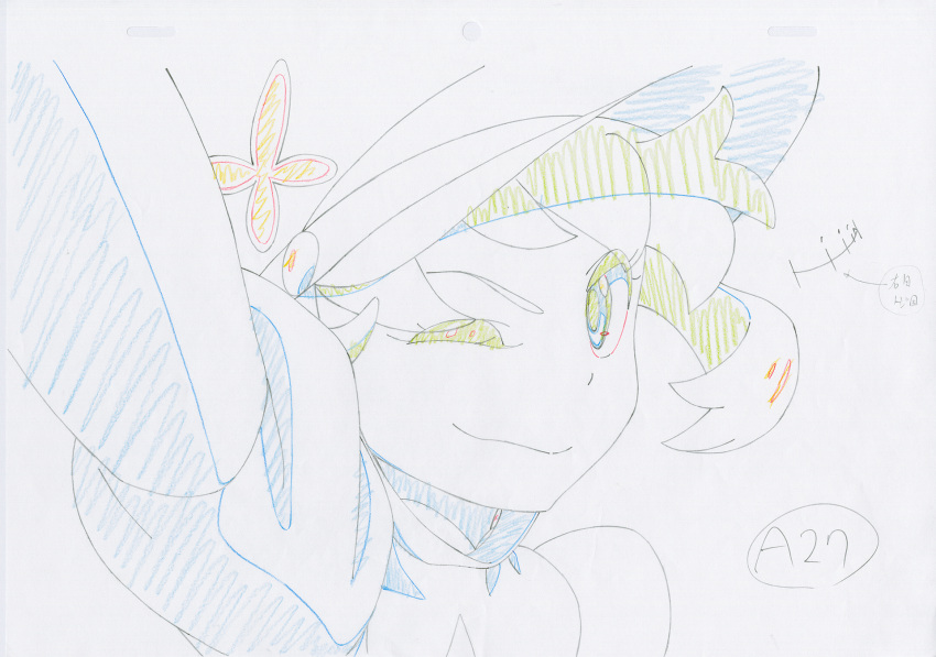 1girl ;) armor armored_dress closed_eyes earlobes flower_(symbol) hair_flapping hat headshot highres jakuzure_nonon key_frame kill_la_kill looking_at_viewer official_art partially_colored production_art promotional_art short_hair signature simple_background sketch trigger_(company) white_background wink