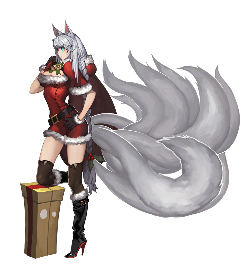 1girl ahri alternate_color alternate_costume animal_ears blue_eyes boots box braid breasts capelet cleavage cleavage_cutout fox_ears fox_tail gift gift_box gloves hand_on_hip high_heels highres league_of_legends long_hair multiple_tails one_leg_raised sack santa_costume silver_hair single_braid slit_pupils solo stiletto_heels tail thigh-highs tyutii very_long_hair