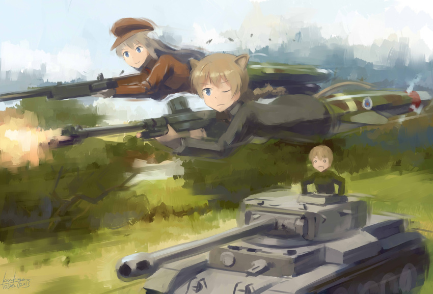 aiming animal_ears boys_anti_tank_rifle browning_m2 cat_ears comet_(tank) crossover dated firing flying highres kanokoga l85a1_(upotte!!) lynette_bishop military military_vehicle strike_witches striker_unit tank upotte!! vehicle wilma_bishop