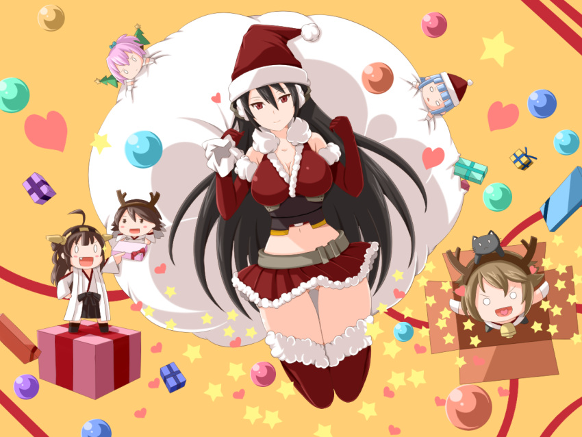0_0 6+girls =_= ahoge animal_on_head azuki_(azki0214dai_z) bell black_hair blue_hair blush_stickers breasts brown_hair cat cat_on_head chibi christmas_ornaments christmas_tree cleavage earmuffs elbow_gloves fang gift gloves hairband hat hatsukaze_(kantai_collection) heart hiei_(kantai_collection) japanese_clothes kantai_collection kongou_(kantai_collection) large_breasts looking_at_viewer midriff multiple_girls mutsu_(kantai_collection) nagato_(kantai_collection) navel nontraditional_miko o_o open_mouth panties pantyshot personification pink_hair ponytail red_eyes reindeer_antlers santa_costume santa_hat shiranui_(kantai_collection) sparkle star thighhighs underwear