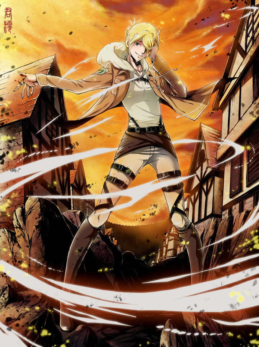 1girl absurdres annie_leonhardt blonde_hair blood blue_eyes boots crying crying_with_eyes_open hair_over_one_eye half_updo hand_to_forehead highres hoodie jacket jewelry jun_ling knee_boots looking_at_viewer ring shingeki_no_kyojin smile solo suspenders tears thigh_strap uniform