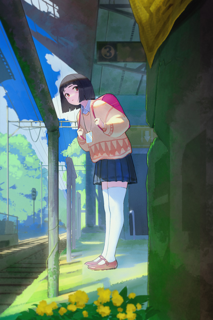 1girl :| abandoned absurdres backpack bag black_hair blue_skirt blunt_ends brown_footwear closed_mouth collared_shirt cool4noodle flower full_body highres holding_strap moss orange_sweater original overgrown pleated_skirt randoseru red_eyes shirt skirt solo standing sweater thigh-highs train_station_platform tree white_shirt white_thighhighs yellow_flower