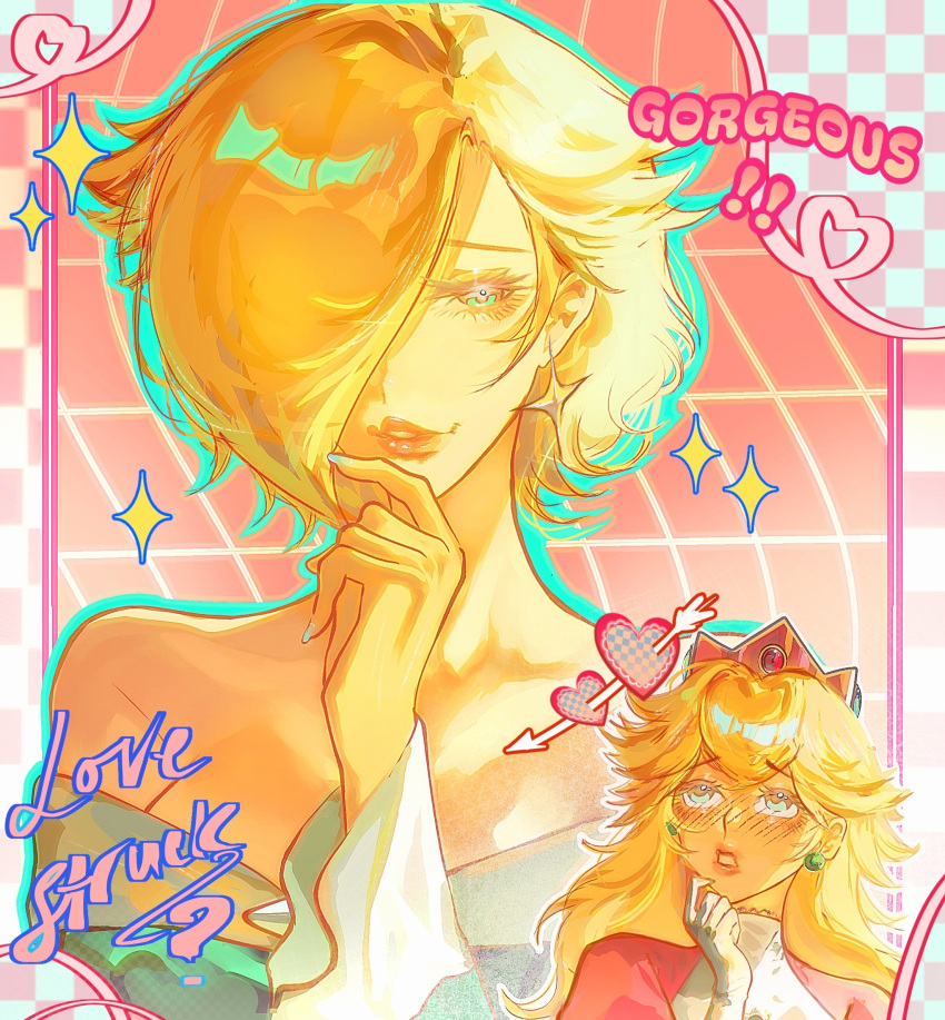 2girls alternate_hair_length_(shorter) alternate_hairstyle arrow_through_heart blonde_hair blue_dress blue_nails blush commentary crown dlovesespresso dress earrings english_commentary english_text green_eyes highres jewelry long_hair long_sleeves multiple_girls off-shoulder_dress off_shoulder open_mouth pixie_cut princess_peach rosalina short_hair sphere_earrings star_(symbol) star_earrings super_mario_bros. yuri