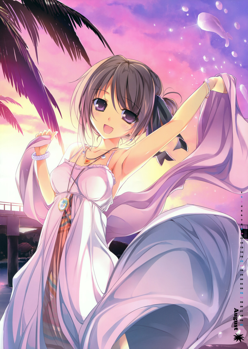 1girl :d absurdres arm_up bridge brown_hair calendar dress highres jewelry karory necklace open_mouth palm_tree river shawl smile sunset tree violet_eyes water