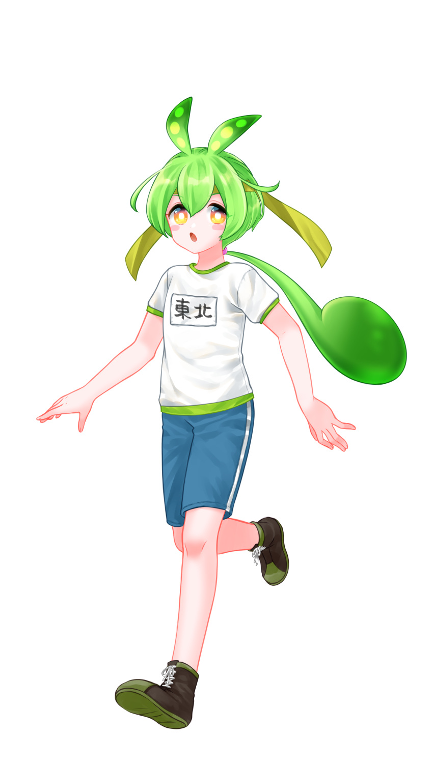 1girl absurdres blue_shorts blush_stickers bright_pupils brown_shoes double-parted_bangs edomura_niniko full_body green_hair gym_shirt gym_uniform hair_between_eyes highres long_hair low_ponytail name_tag official_art open_mouth orange_eyes ponytail shirt shoes short_sleeves shorts simple_background solo transparent_background voicevox walking white_pupils white_shirt zundamon