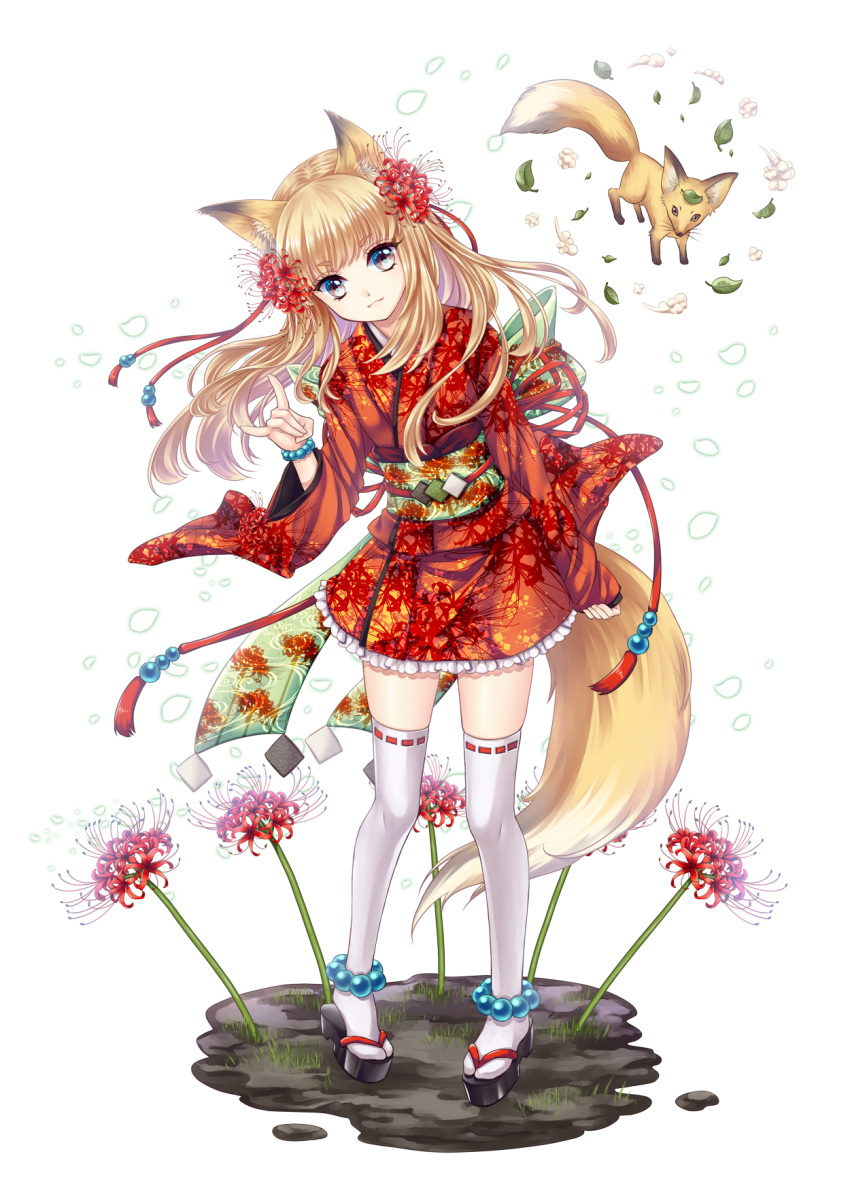 animal_ears anklet black_eyes blonde_hair bracelet flower fox fox_ears fox_shadow_puppet fox_tail highres japanese_clothes jewelry kimono leaf leaf_on_head long_hair obi original pigeon-toed ribbon_trim sandals short_kimono spider_lily tail thighhighs yuki_hanana zettai_ryouiki