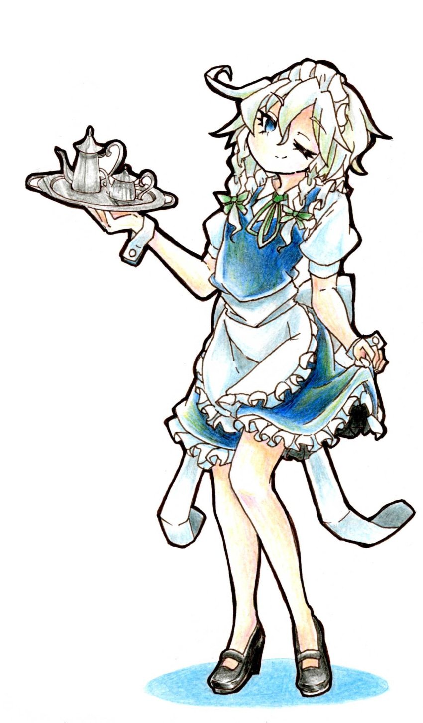 1girl bare_legs blue_eyes bow braid colored_pencil_(medium) goku_(acoloredpencil) hair_bow high_heels highres izayoi_sakuya maid maid_apron maid_headdress silver_hair simple_background skirt_hold smile solo teapot touhou traditional_media tray twin_braids white_background wink wrist_cuffs