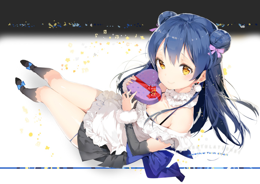 1girl anmi bare_shoulders blue_hair blush brown_eyes detached_sleeves double_bun heart long_hair looking_at_viewer love_live!_school_idol_project smile solo sonoda_umi