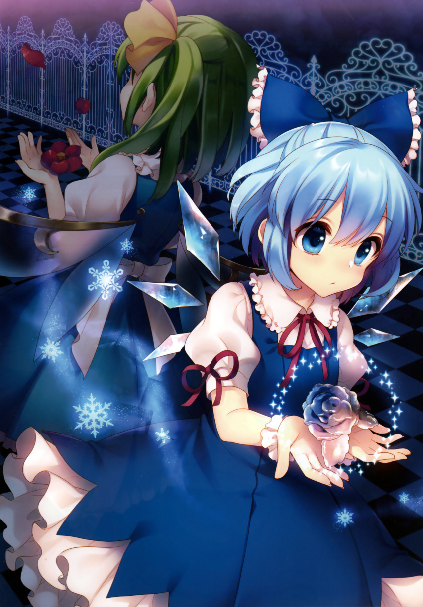 2girls absurdres back-to-back blue_dress blue_eyes blue_hair blush checkered checkered_floor cirno daiyousei dress dutch_angle fairy_wings flower green_hair hair_ornament hair_ribbon highres ice ice_flower ice_wings masaru.jp multiple_girls petals puffy_sleeves ribbon sash scan short_hair short_sleeves side_ponytail snowflakes touhou wings