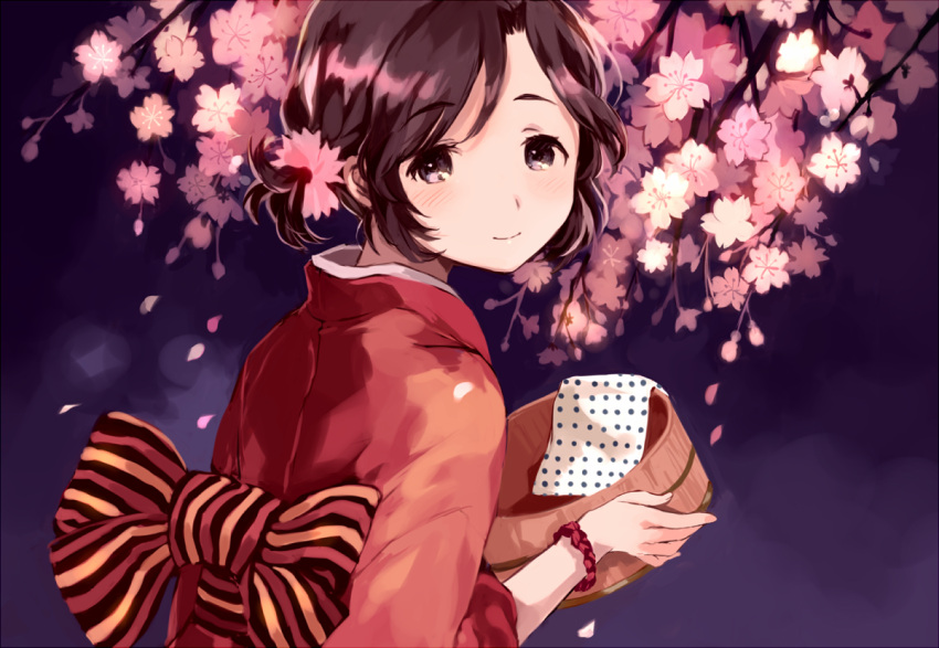 1girl black_eyes black_hair bucket cherry_blossoms flower japanese_clothes kimono original petals short_hair side_ponytail smile solo tan_(tangent)