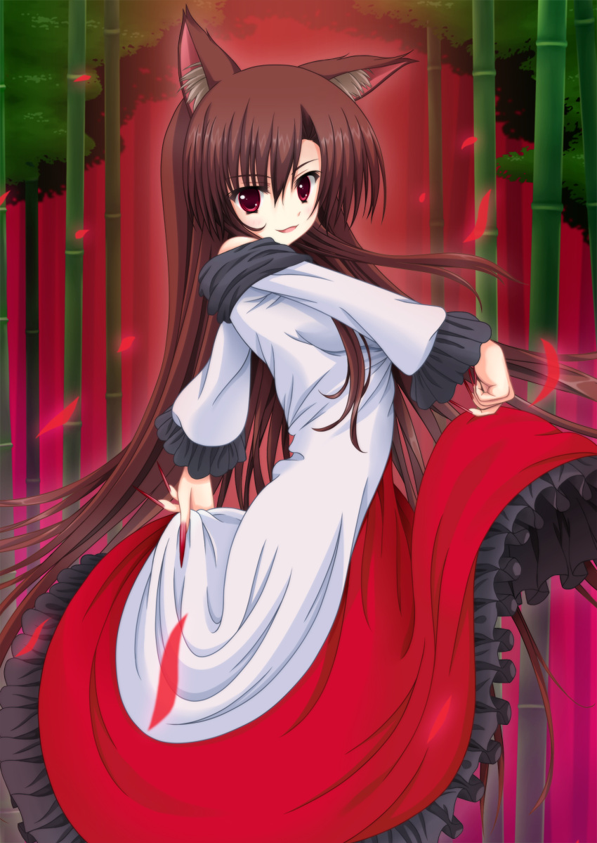 1girl animal_ears bamboo bamboo_forest brown_hair dress fingernails forest frilled_dress frilled_sleeves frills highres imaizumi_kagerou long_fingernails long_hair nature nuenue open_mouth red_eyes red_fingernails smile touhou very_long_hair wolf_ears