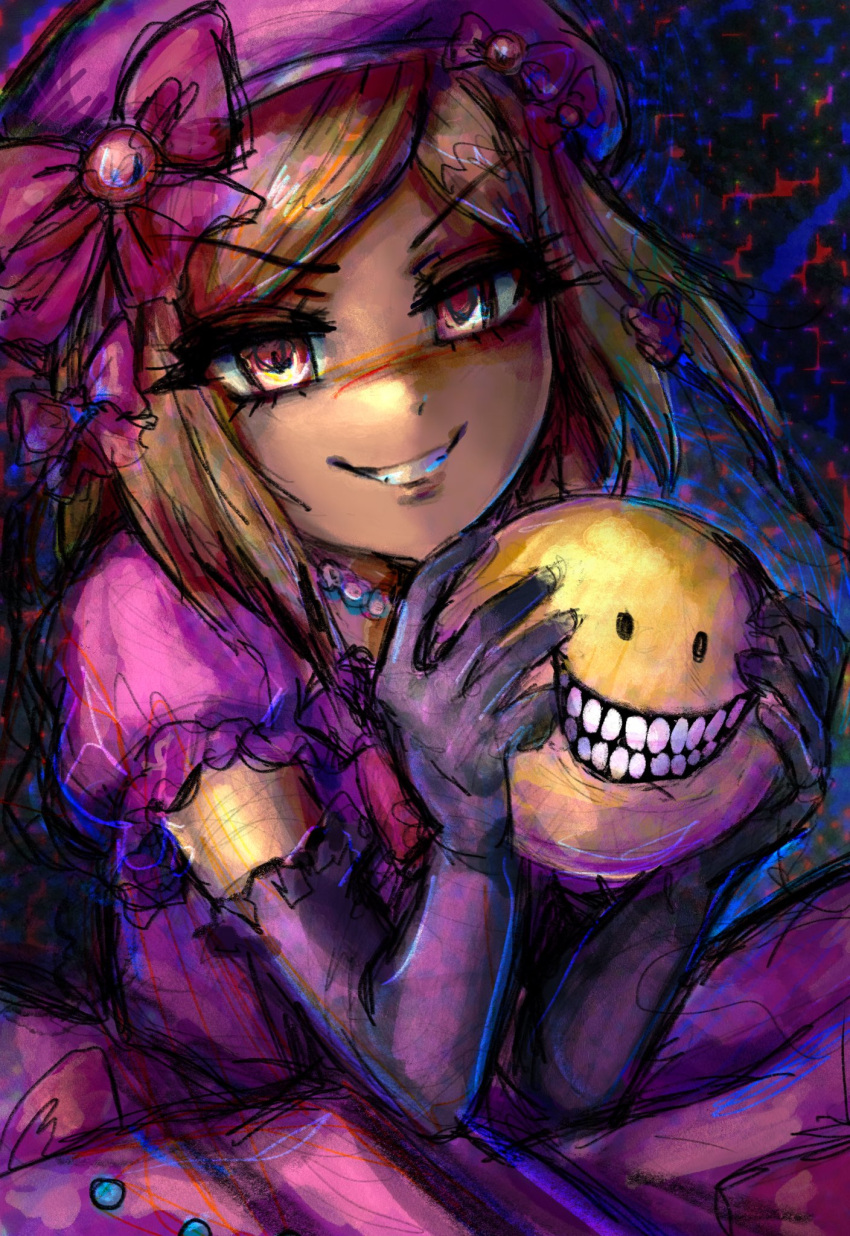 1girl beret black_gloves blonde_hair bow dress elbow_gloves emoji evil_smile gem glitch gloves hat highres holding jack-o'-lantern lambdadelta looking_at_viewer pearl pink_dress pink_hat pumpkin red_bow red_eyes short_hair smile solo umineko_no_naku_koro_ni verity_(series) verity_(thatmob)