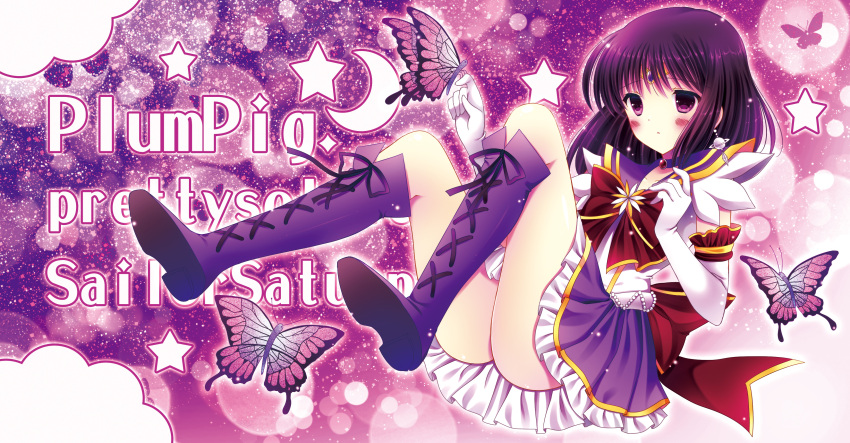 1girl absurdres bishoujo_senshi_sailor_moon black_hair blush boots bow brooch butterfly character_name choker cross-laced_footwear earrings elbow_gloves gloves highres jewelry knee_boots kouta. lace-up_boots magical_girl purple purple_background ribbon sailor_collar sailor_moon_musical sailor_saturn short_hair skirt solo star tiara tomoe_hotaru violet_eyes white_gloves